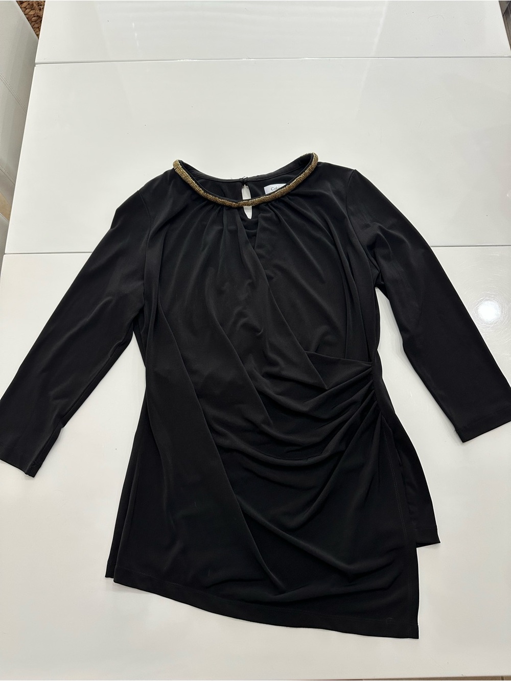 Calvin Klein Black Beaded Neckline Ruched Faux Wrap Blouse Size Large